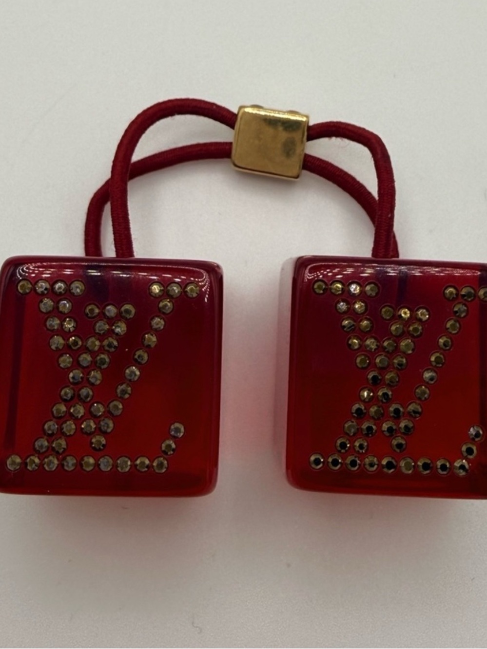 Louis Vuitton Red Logo Cube Hair Tie with Gold Accents - Picture 8 of 10